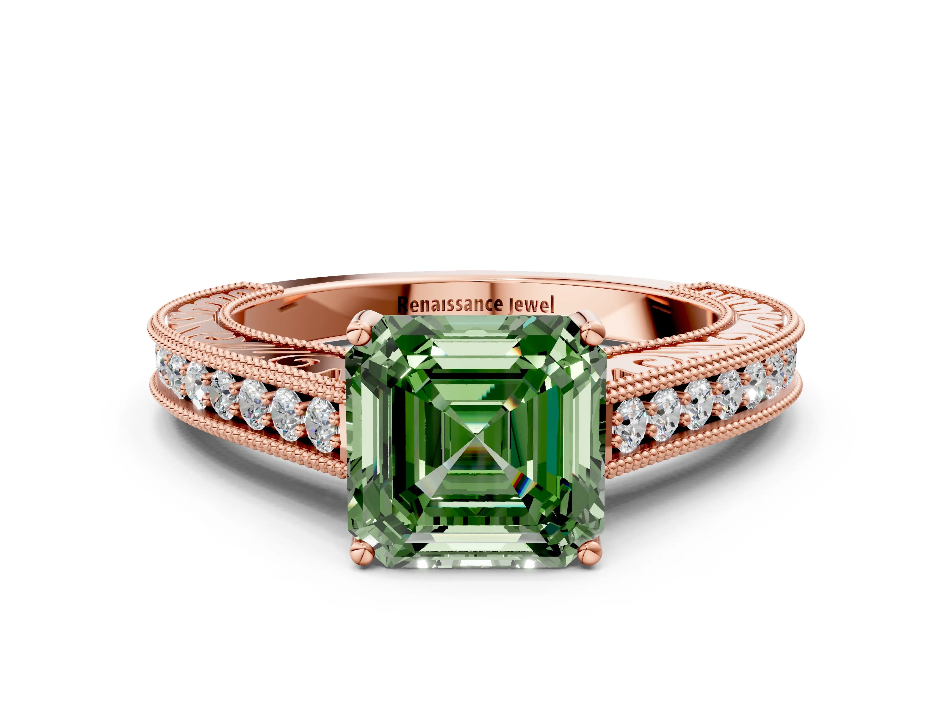 Rose gold Fancy Green Asscher Cut Cut Pave Band Milgrain Solitaire Ring