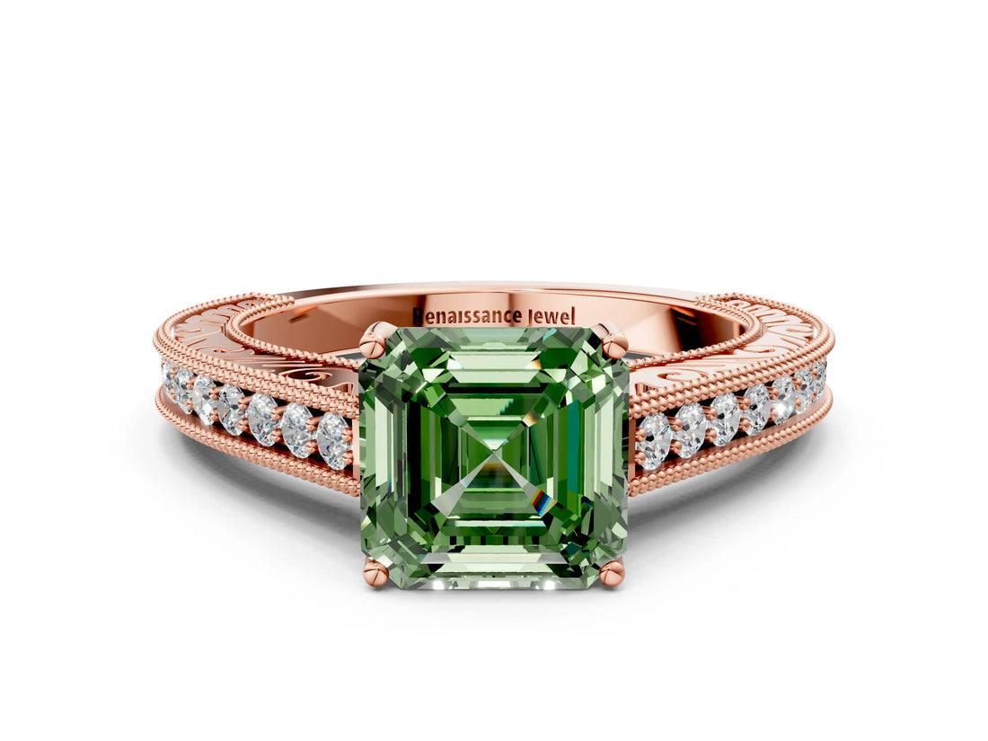 Rose gold Fancy Green Asscher Cut Cut Pave Band Milgrain Solitaire Ring