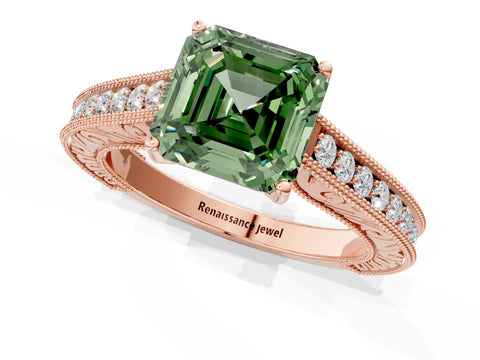 Rose gold Fancy Green Asscher Cut Cut Pave Band Milgrain Solitaire Ring_1
