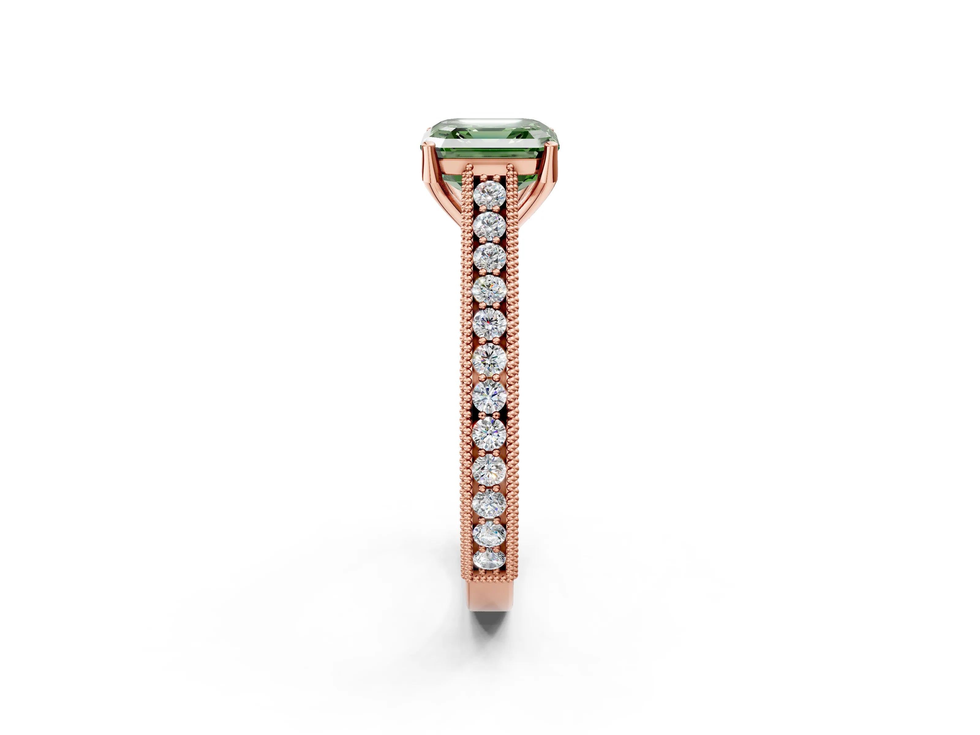 Rose gold Fancy Green Asscher Cut Cut Pave Band Milgrain Solitaire Ring_2