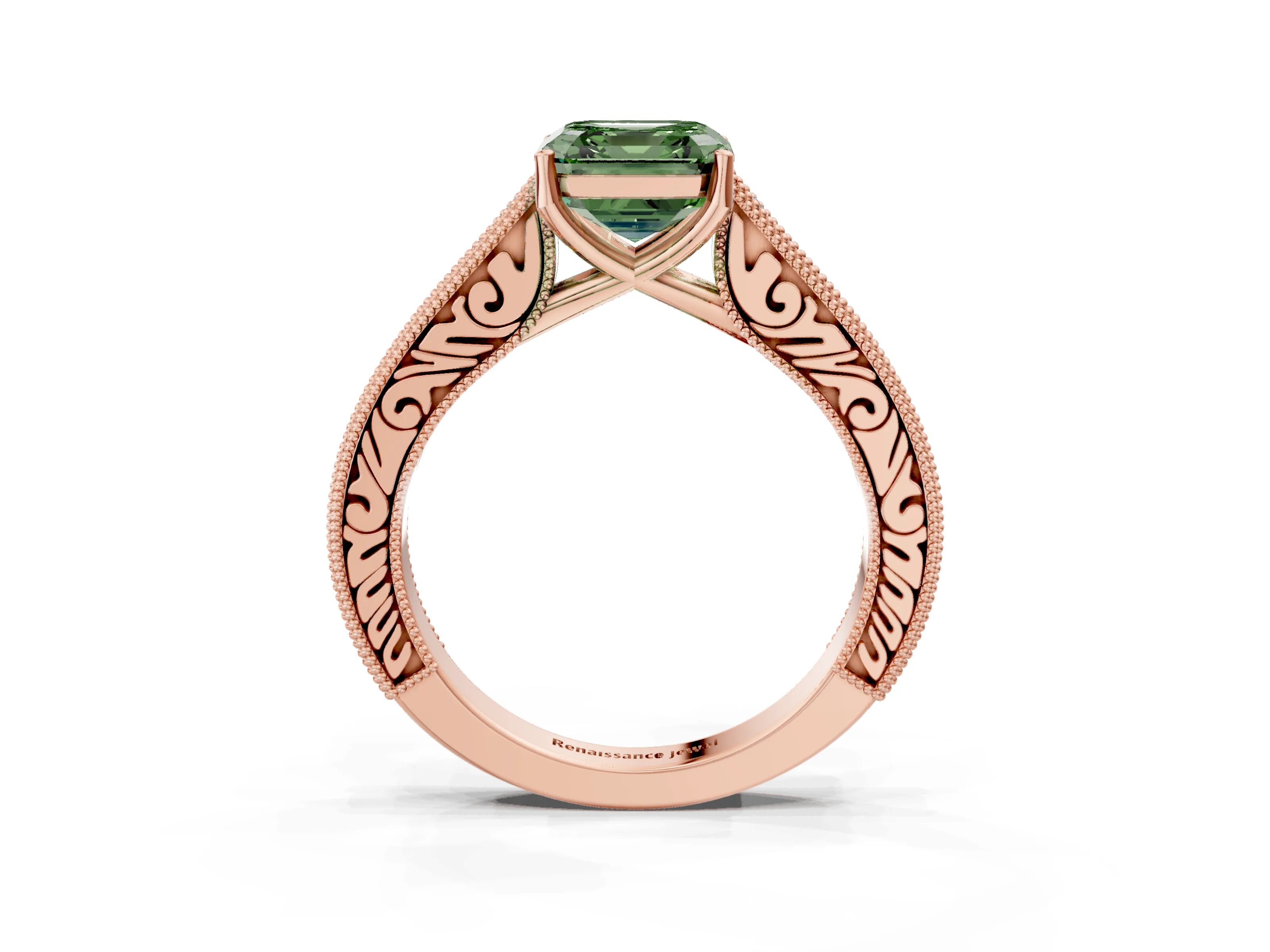Rose gold Fancy Green Asscher Cut Cut Pave Band Milgrain Solitaire Ring_3