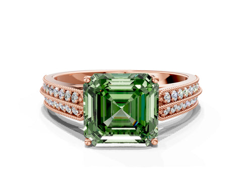 Rose gold Fancy Green Asscher Cut Cut Pave Split Shank Engagement Ring with Four-Prong Setting