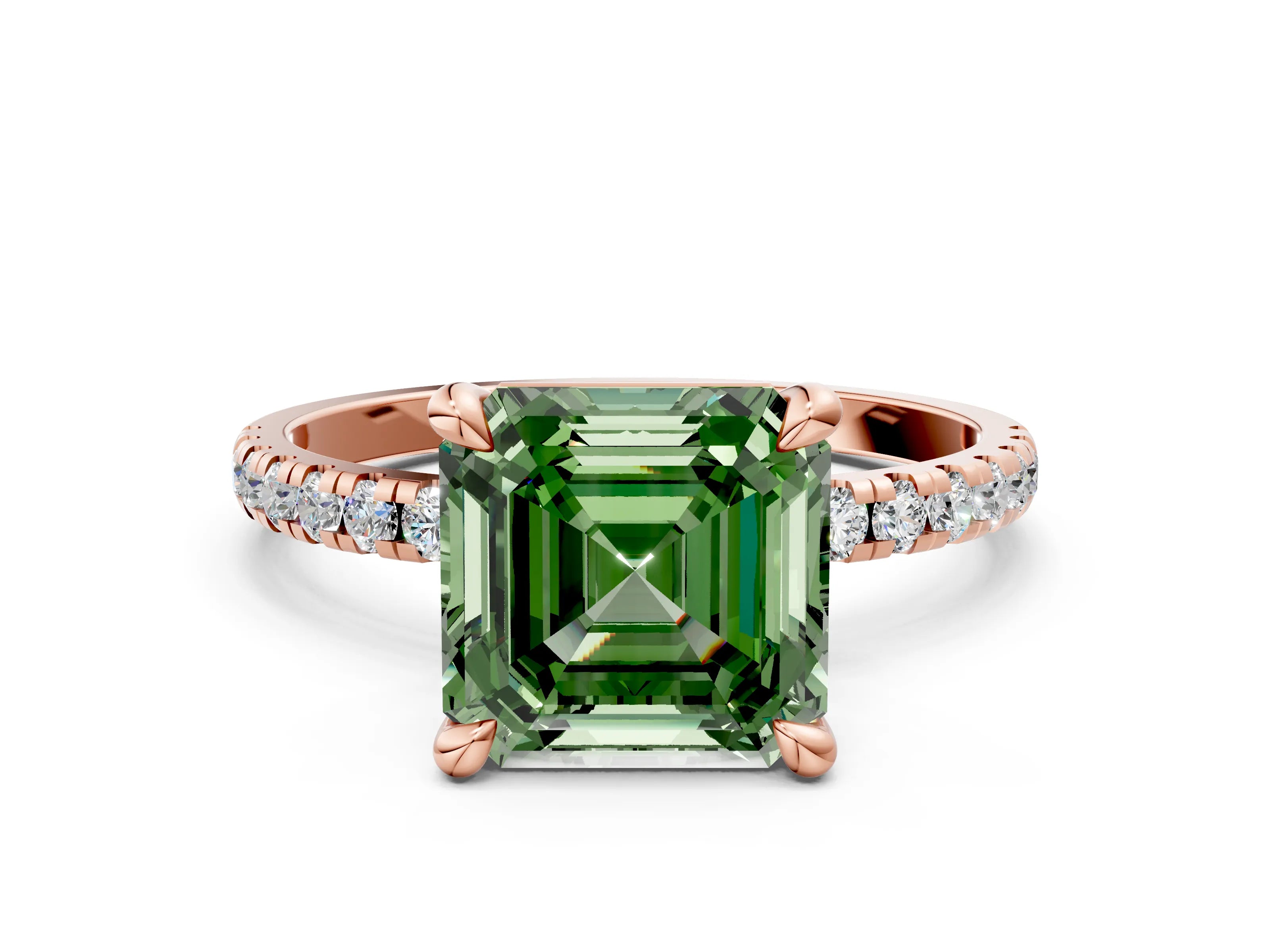 Rose gold Fancy Green Asscher Cut Diamond Brilliant Solitaire Ring with Pavé Band and Four-Prong Setting
