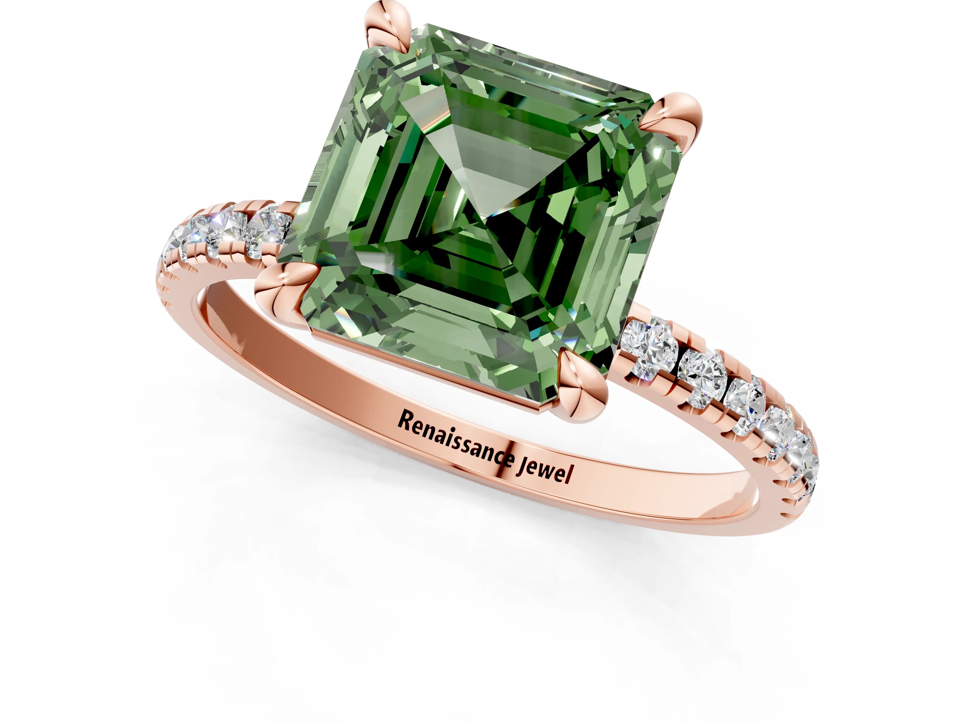 Rose gold Fancy Green Asscher Cut Diamond Brilliant Solitaire Ring with Pavé Band and Four-Prong Setting_1