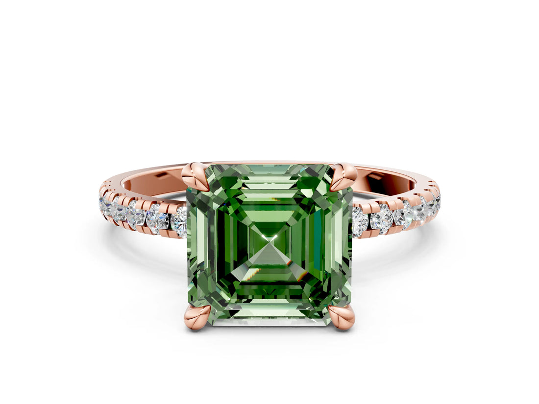 Rose gold Fancy Green Asscher Cut Diamond Brilliant Solitaire Ring with Pavé Band and Four-Prong Setting_12