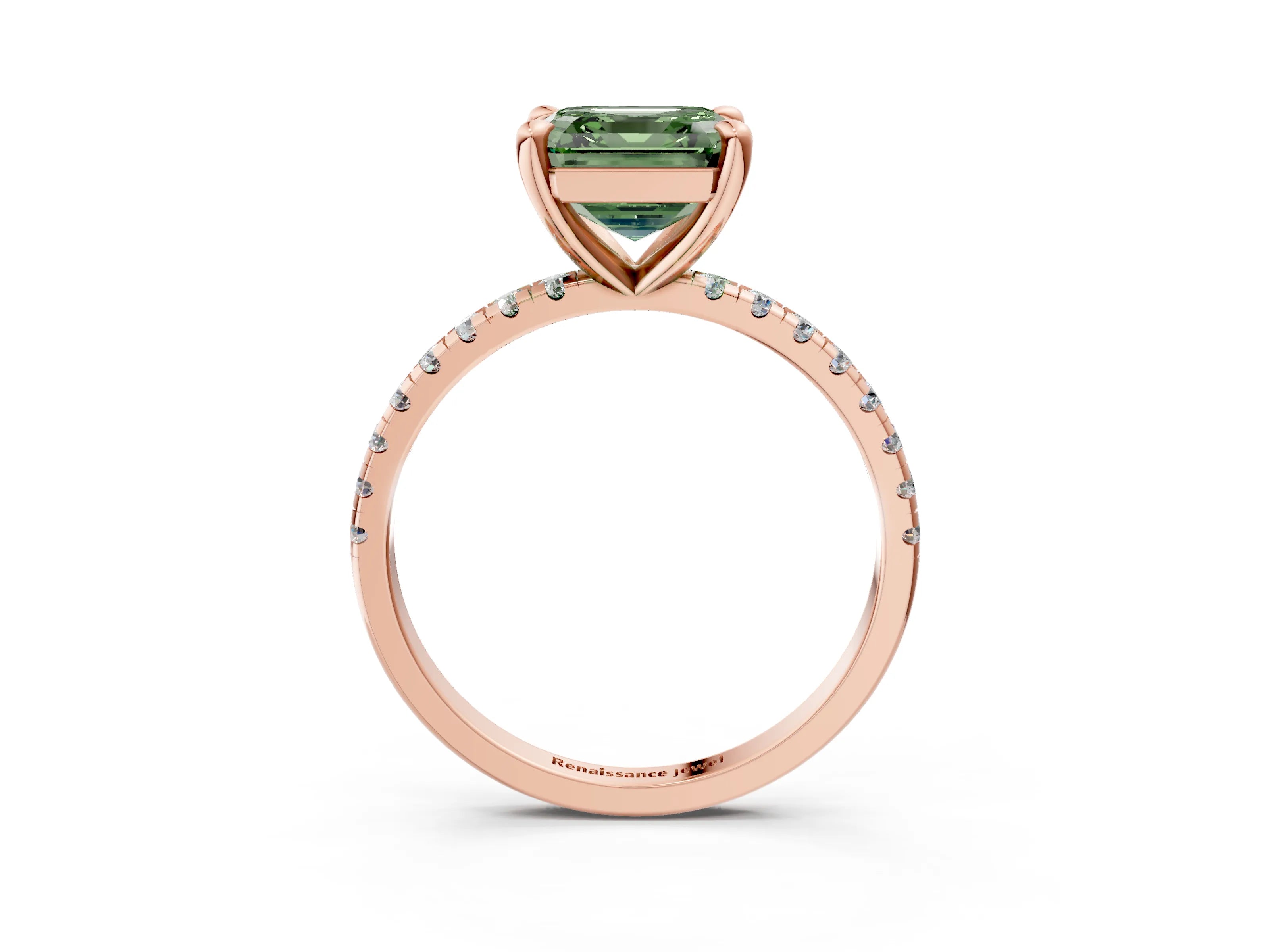 Rose gold Fancy Green Asscher Cut Diamond Brilliant Solitaire Ring with Pavé Band and Four-Prong Setting_3