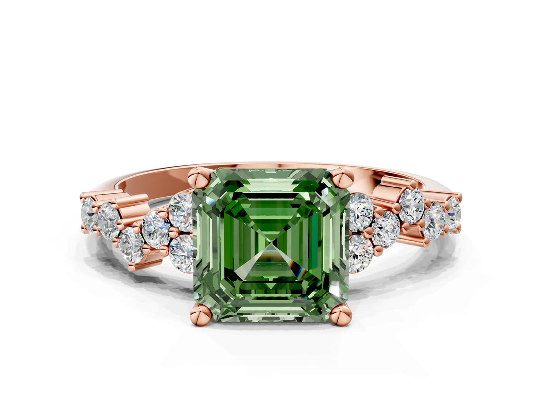 Rose gold Fancy Green Asscher Cut Diamond Cluster Pavé Band with Four-Prong Setting_3