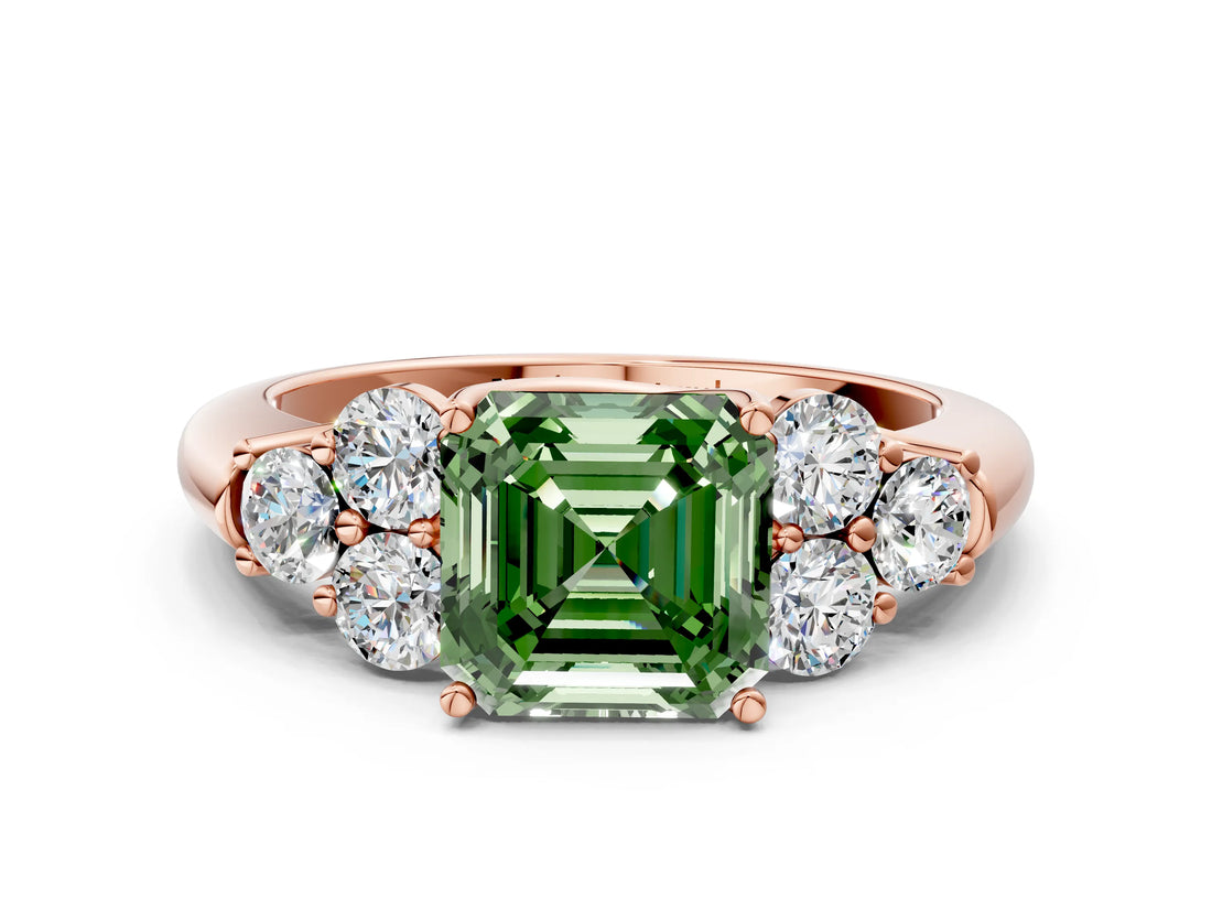 Rose gold Fancy Green Asscher  Cut Diamond Cluster Ring with Round Accent Stones and Prong Setting on a Classic Band_29