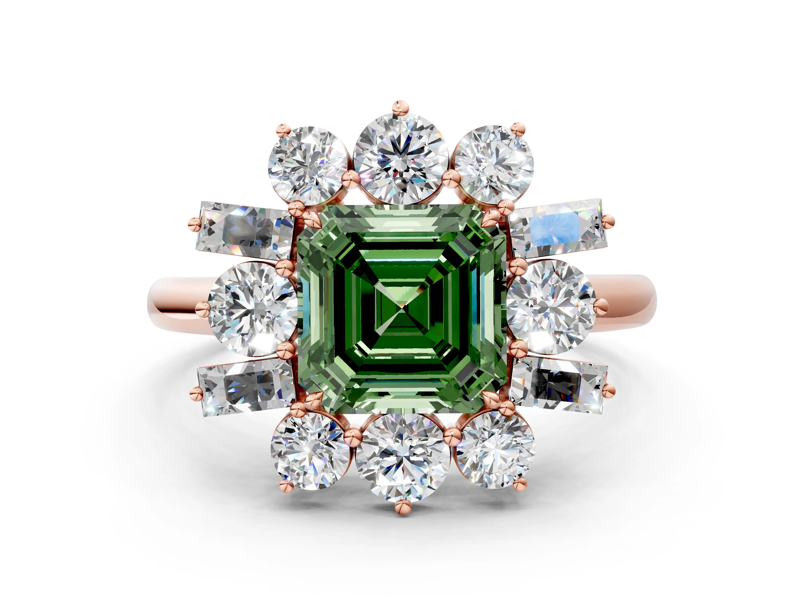 Rose gold Fancy Green Asscher Cut Diamond Cluster Ring with Round and Baguette Stones, Split Shank Band, Prong Setting