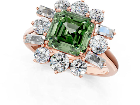 Rose gold Fancy Green Asscher Cut Diamond Cluster Ring with Round and Baguette Stones, Split Shank Band, Prong Setting_1