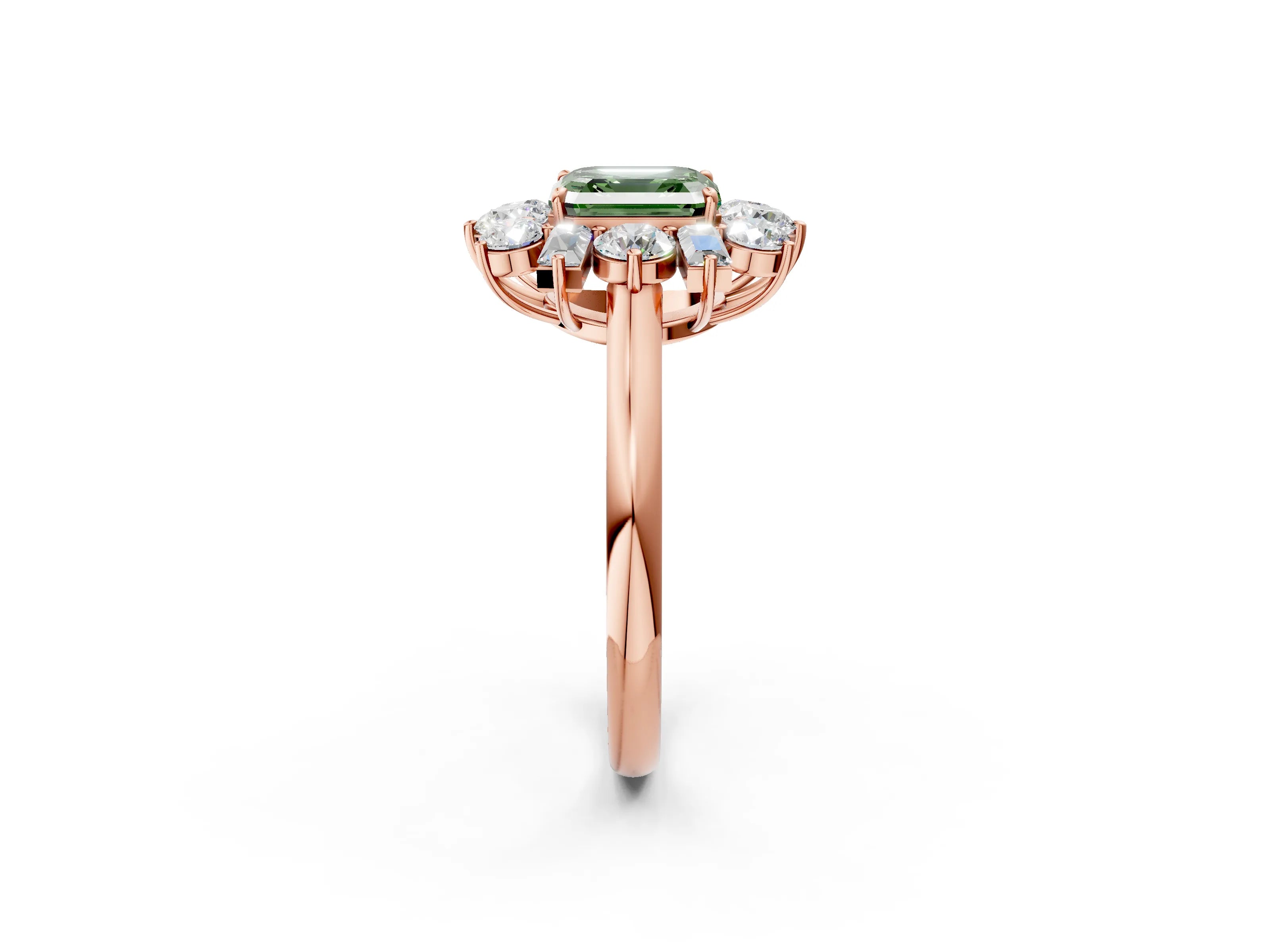 Rose gold Fancy Green Asscher Cut Diamond Cluster Ring with Round and Baguette Stones, Split Shank Band, Prong Setting_2