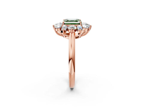 Rose gold Fancy Green Asscher Cut Diamond Cluster Ring with Round and Baguette Stones, Split Shank Band, Prong Setting_2
