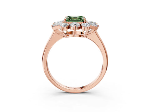 Rose gold Fancy Green Asscher Cut Diamond Cluster Ring with Round and Baguette Stones, Split Shank Band, Prong Setting_3