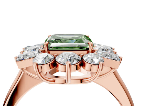 Rose gold Fancy Green Asscher Cut Diamond Cluster Ring with Round and Baguette Stones, Split Shank Band, Prong Setting_4