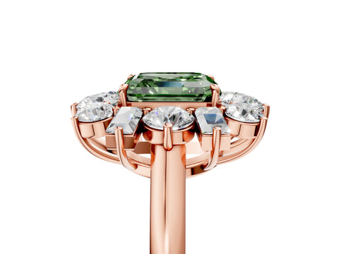 Rose gold Fancy Green Asscher Cut Diamond Cluster Ring with Round and Baguette Stones, Split Shank Band, Prong Setting_5