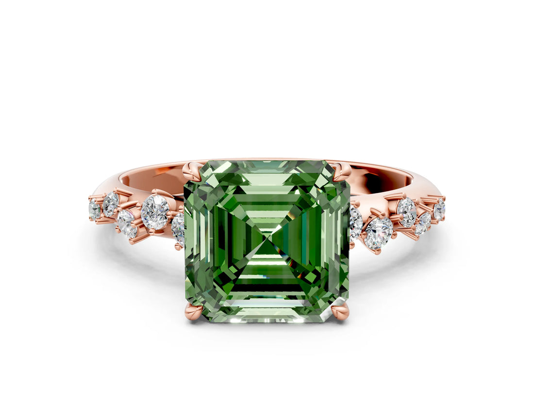 Rose gold Fancy Green Asscher Cut Diamond Cluster Side Stone Solitaire Ring with Prong Setting_28