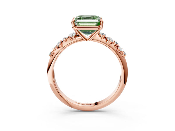Rose Gold Asscher Cut Graduated Cluster Engagement Ring Setting for Fancy Green Center