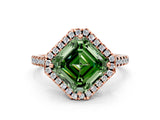 Rose gold Fancy Green Asscher Cut Diamond Cushion Halo Ring with Pavé Band