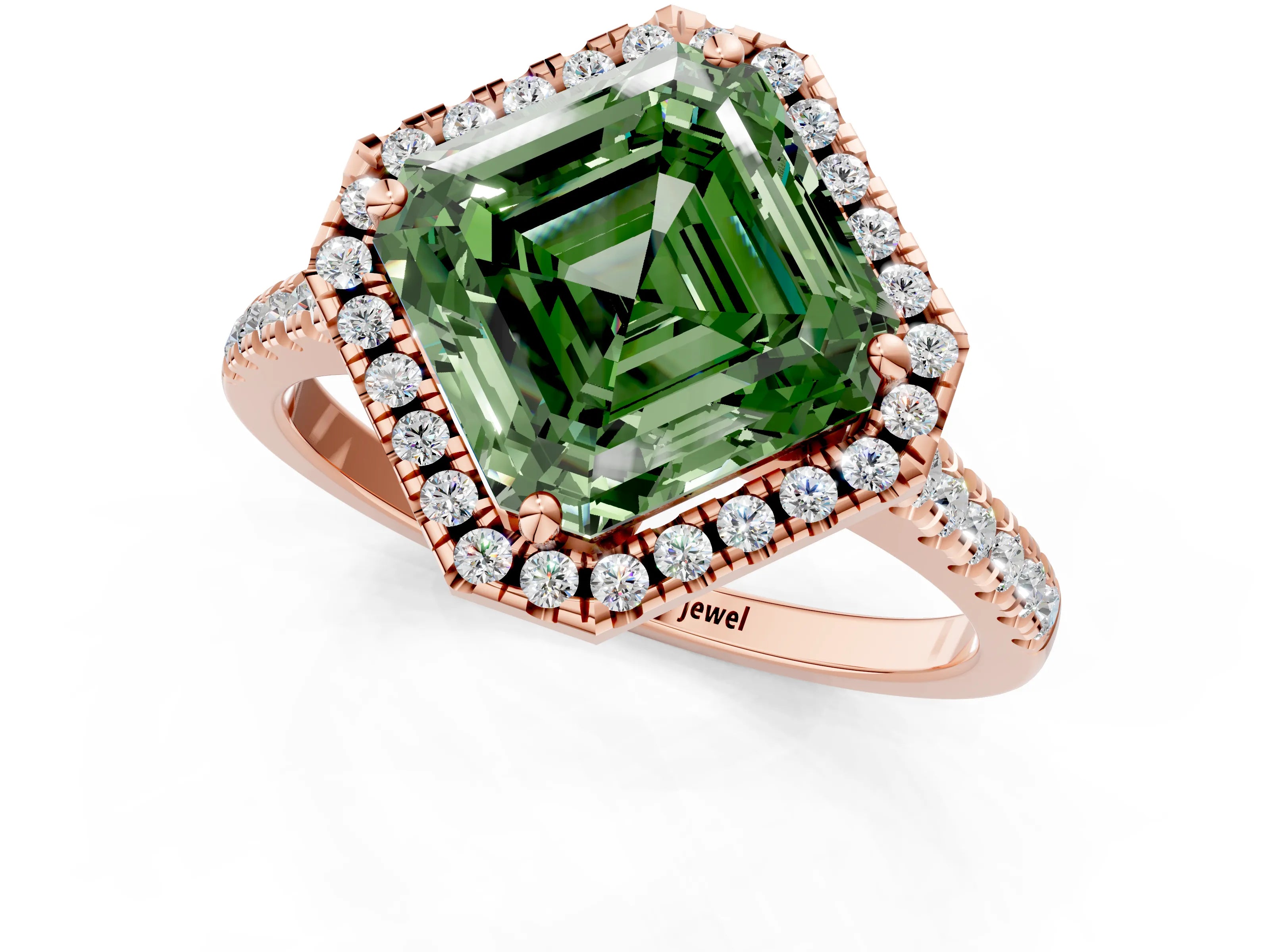 Rose gold Fancy Green Asscher Cut Diamond Cushion Halo Ring with Pavé Band_1