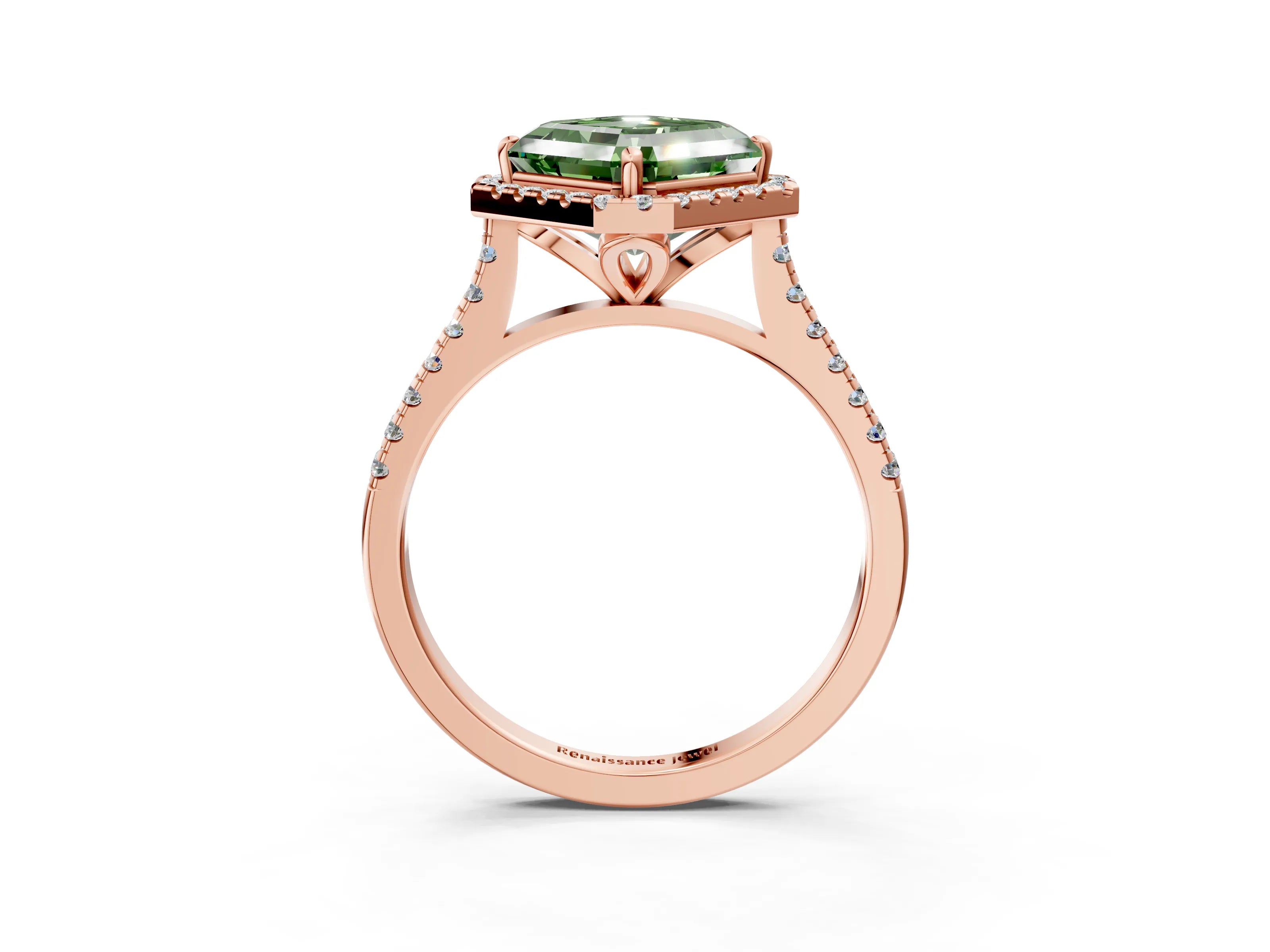 Rose gold Fancy Green Asscher Cut Diamond Cushion Halo Ring with Pavé Band_3