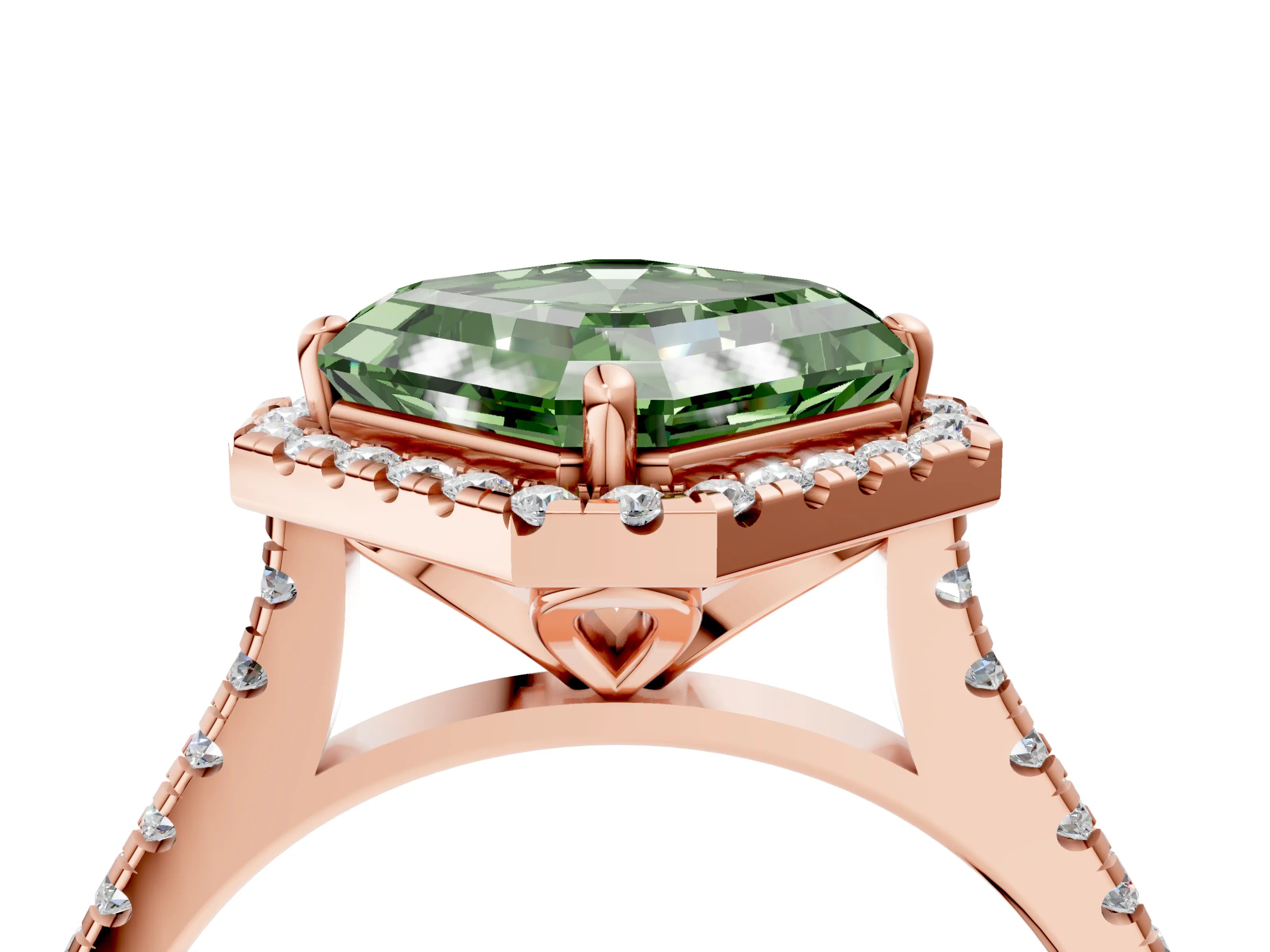 Rose gold Fancy Green Asscher Cut Diamond Cushion Halo Ring with Pavé Band_4