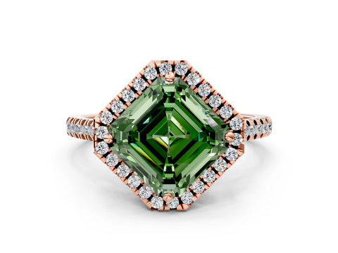 Rose gold Fancy Green Asscher Cut Diamond Cushion Halo Ring with Pavé Band