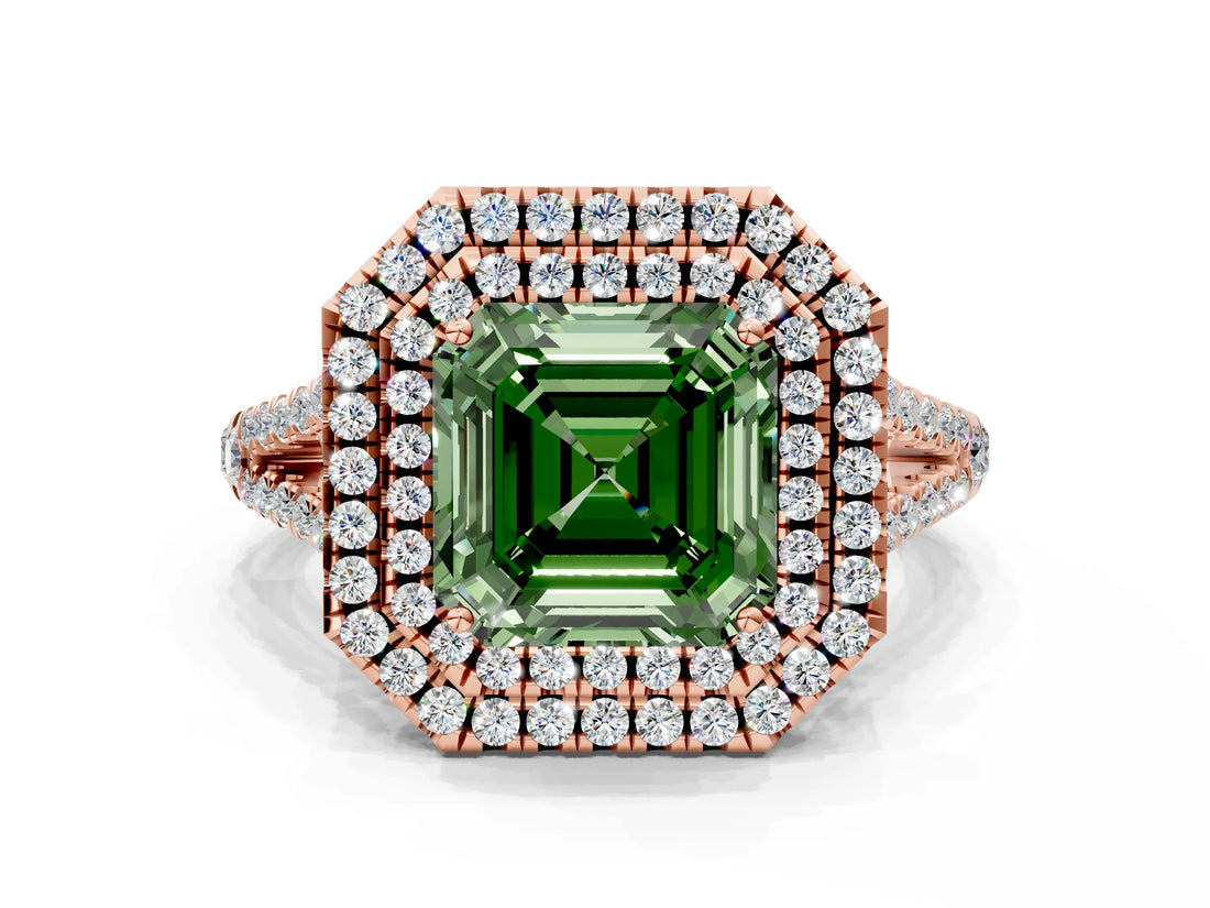 Rose gold Fancy Green Asscher Cut Diamond Double Halo Ring with Pavé Band and Prong Setting_16