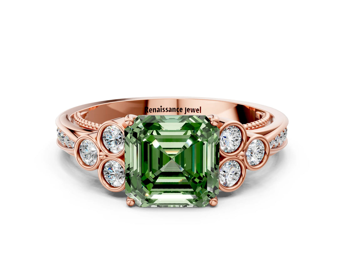 Rose gold Fancy Green Asscher  Cut Diamond Engagement Ring with Bezel Set Round Side Stones and Prong Setting_64