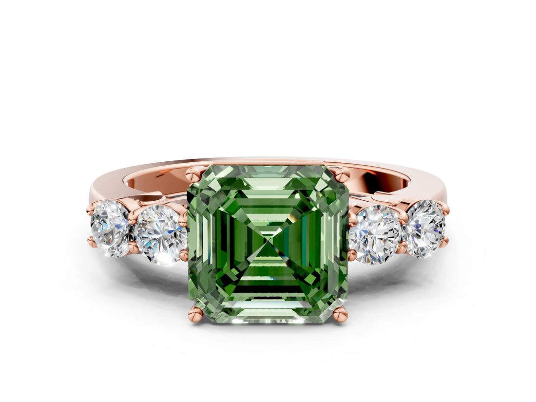 Rose gold Fancy Green Asscher  Cut Diamond Five-Stone Prong Set White Gold Ring_30