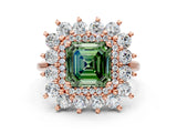 Rose gold Fancy Green Asscher Cut Diamond Floral Double Halo Engagement Ring with Prong Setting