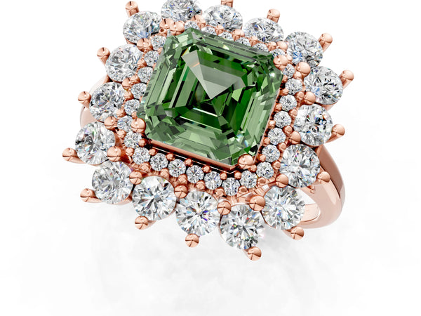 Rose Gold Asscher Cut Floral Double Halo Engagement Ring Setting for Fancy Green Center