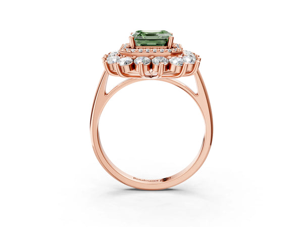 Rose Gold Asscher Cut Floral Double Halo Engagement Ring Setting for Fancy Green Center
