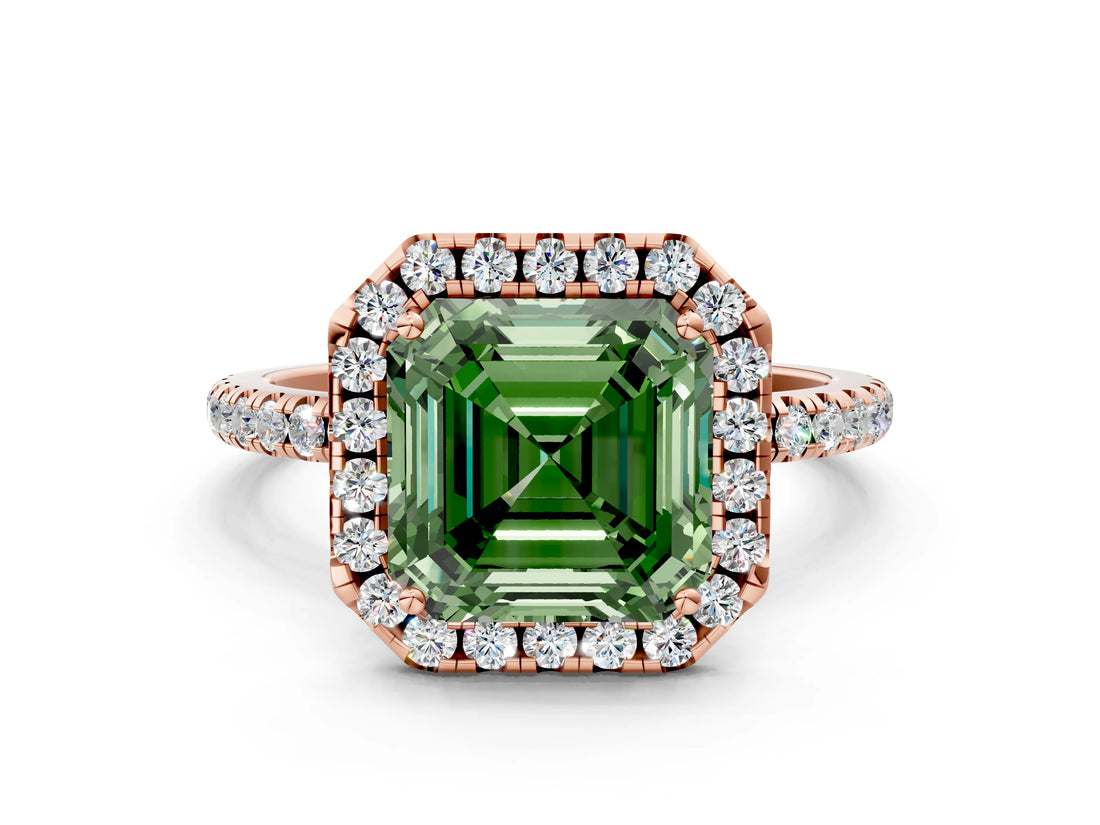 Rose gold Fancy Green Asscher  Cut Diamond Floral Halo Engagement Ring with Pavé Band and Prong Setting_17