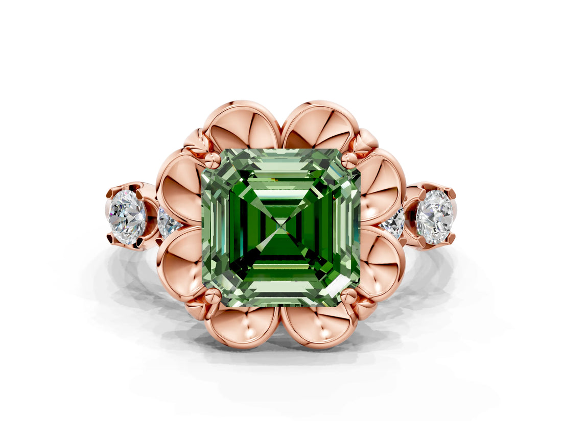 Rose gold Fancy Green Asscher  Cut Diamond Floral Halo Engagement Ring with Shared Prong Setting 2