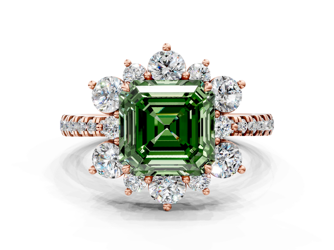 Rose gold Fancy Green Asscher  Cut Diamond Floral Halo Pave Band with Prong Setting