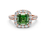 Rose gold Fancy Green Asscher Cut Diamond Floral Halo Ring with Pavé Band and Prong Setting_3
