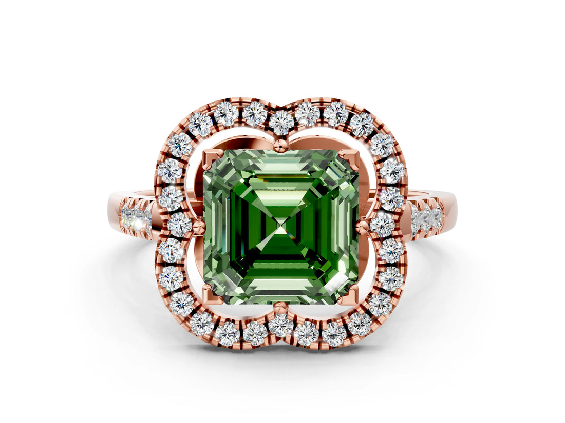 Rose gold Fancy Green Asscher Cut Diamond Floral Halo Split Shank Prong Setting Ring