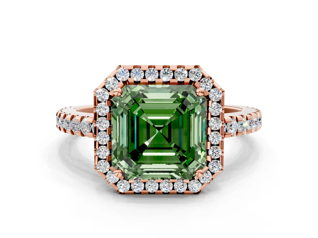 Rose gold Fancy Green Asscher Cut Diamond Halo Engagement Ring with Pavé Band and Prong Setting_27