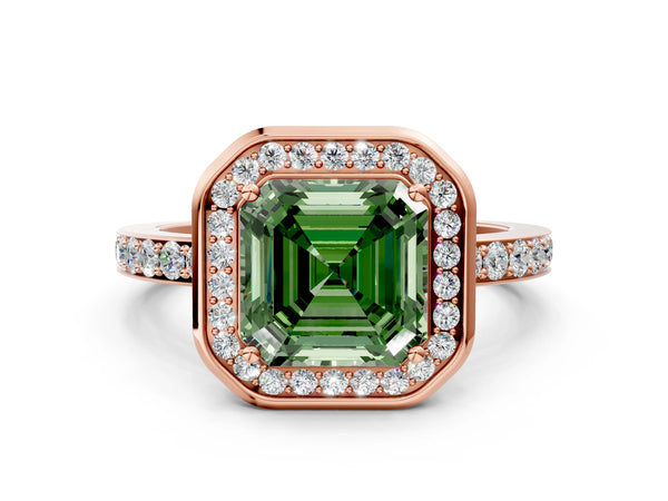 Rose Gold Asscher Cut Pave Bezel-Rim Halo Engagement Ring Setting for Fancy Green Center