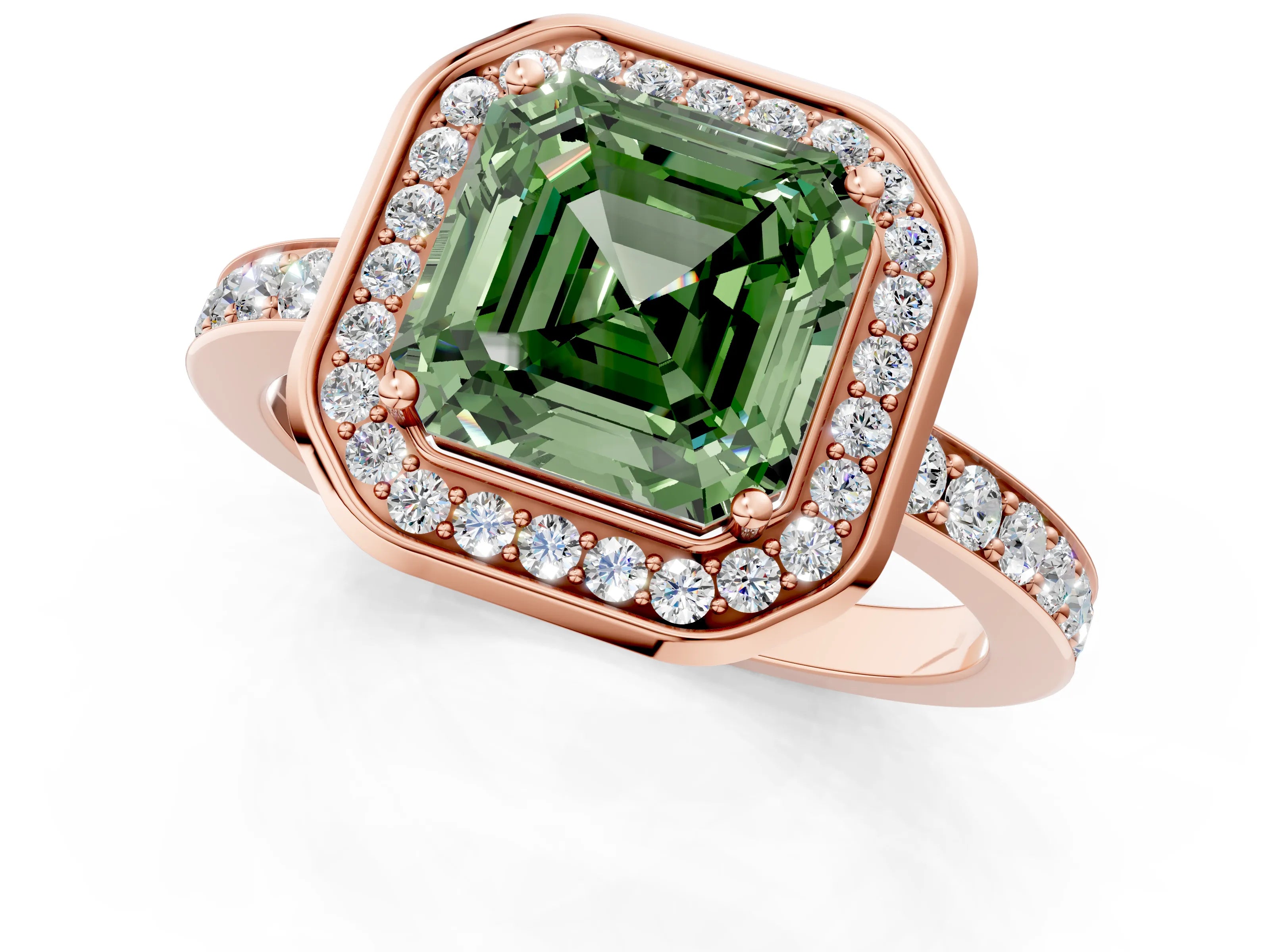 Rose gold Fancy Green Asscher Cut Diamond Halo Ring with Bezel Frame and Pavé Band_1
