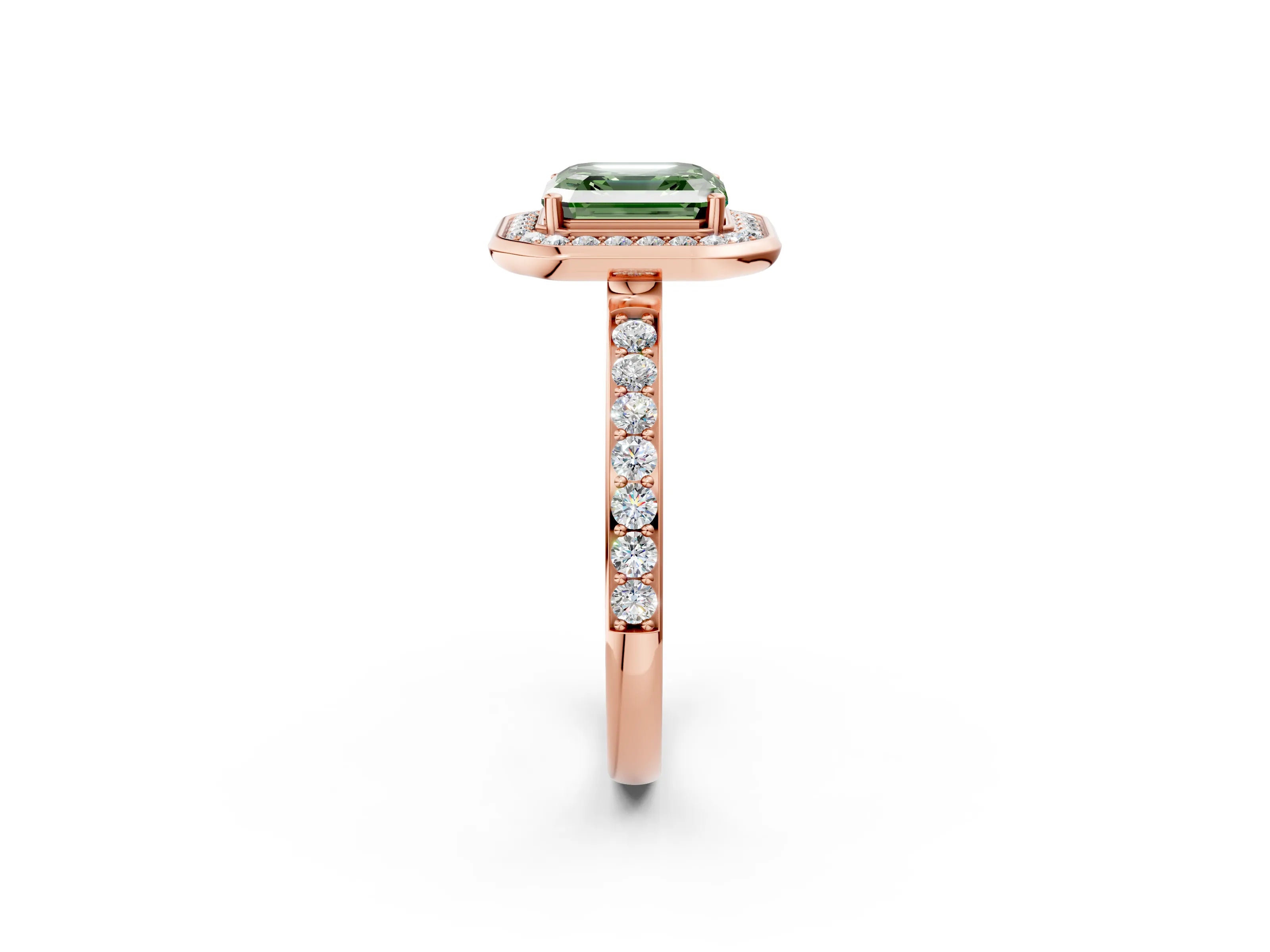 Rose gold Fancy Green Asscher Cut Diamond Halo Ring with Bezel Frame and Pavé Band_2