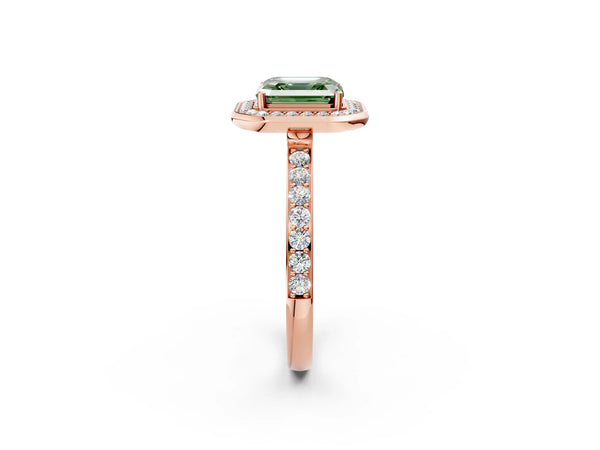 Rose Gold Asscher Cut Pave Bezel-Rim Halo Engagement Ring Setting for Fancy Green Center