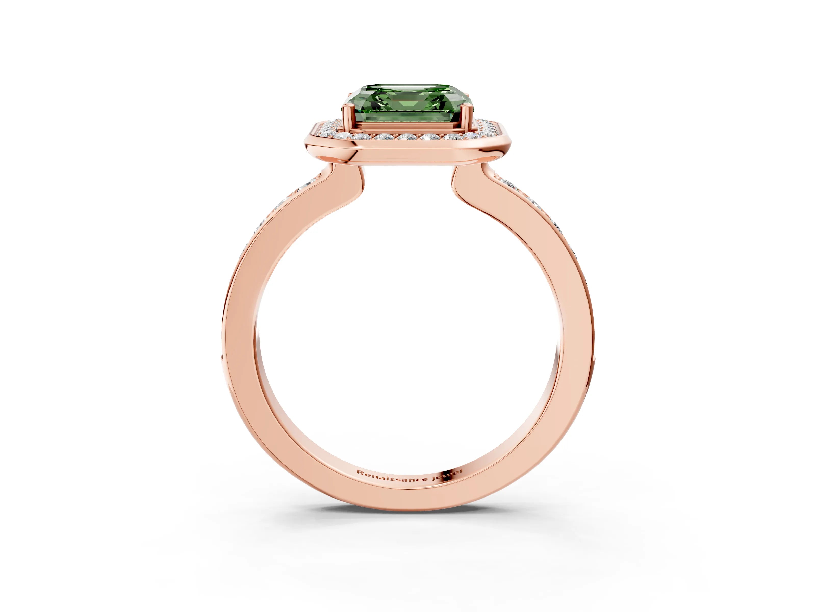 Rose gold Fancy Green Asscher Cut Diamond Halo Ring with Bezel Frame and Pavé Band_3