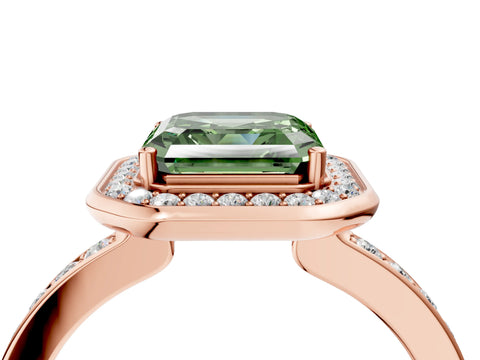 Rose gold Fancy Green Asscher Cut Diamond Halo Ring with Bezel Frame and Pavé Band_4