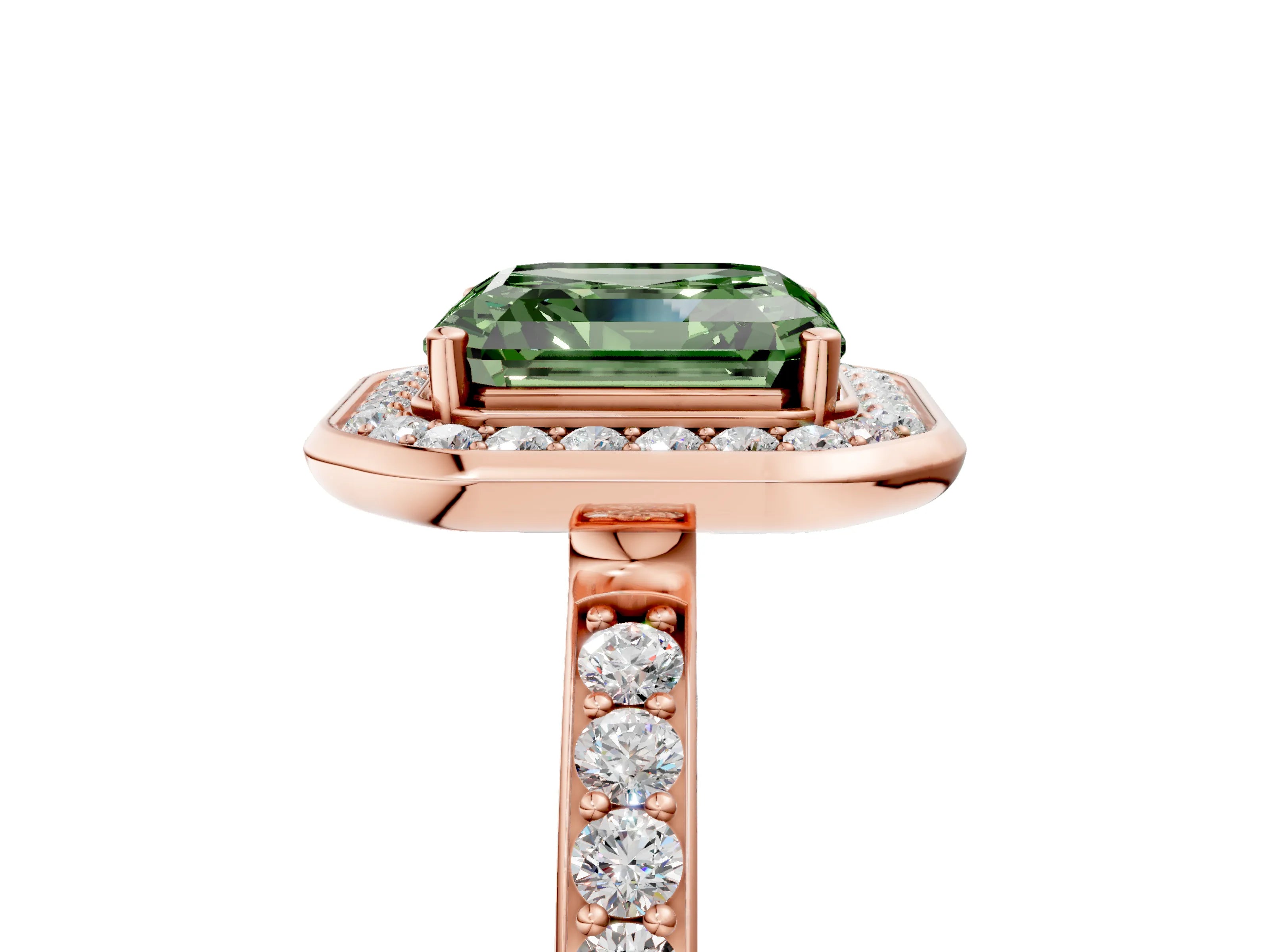 Rose gold Fancy Green Asscher Cut Diamond Halo Ring with Bezel Frame and Pavé Band_5