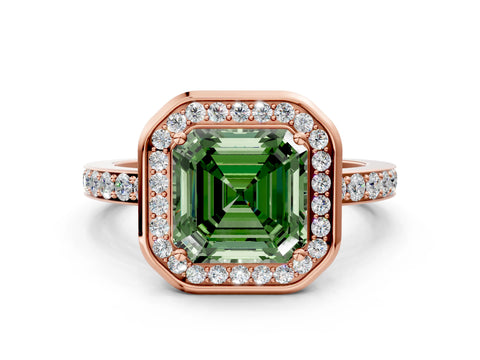 Rose gold Fancy Green Asscher Cut Diamond Halo Ring with Bezel Frame and Pavé Band