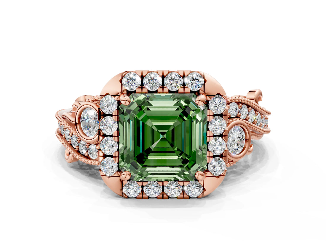 Rose gold Fancy Green Asscher Cut Diamond Halo Ring with Milgrain Pavé Band and Four-Prong Setting_17