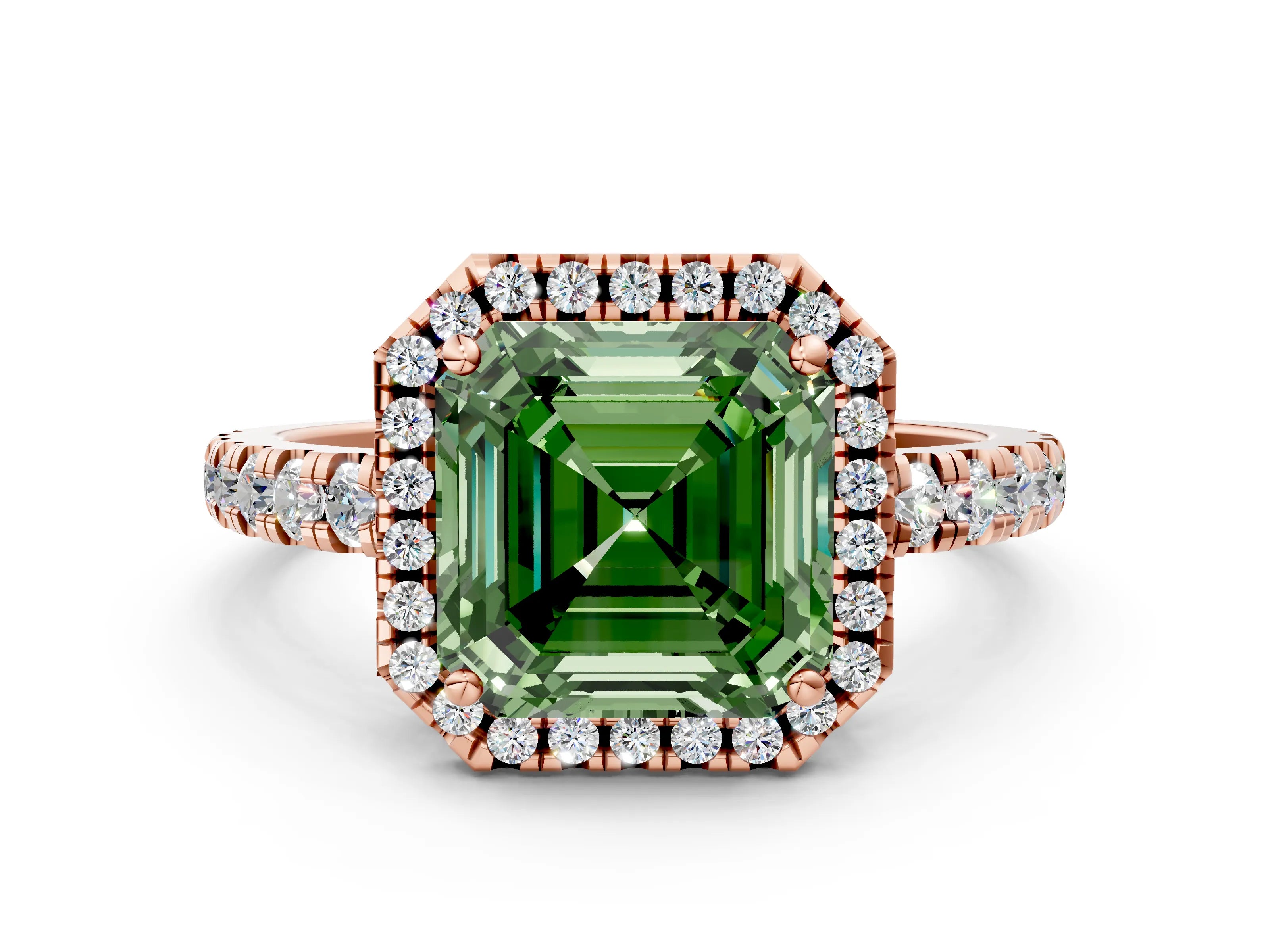 Rose gold Fancy Green Asscher Cut Diamond Halo Ring with Pavé Band and Four-Prong Setting