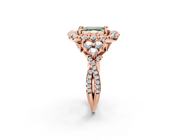 Rose Gold Asscher Cut Halo Crossover Pave Engagement Ring Setting for Fancy Green Center