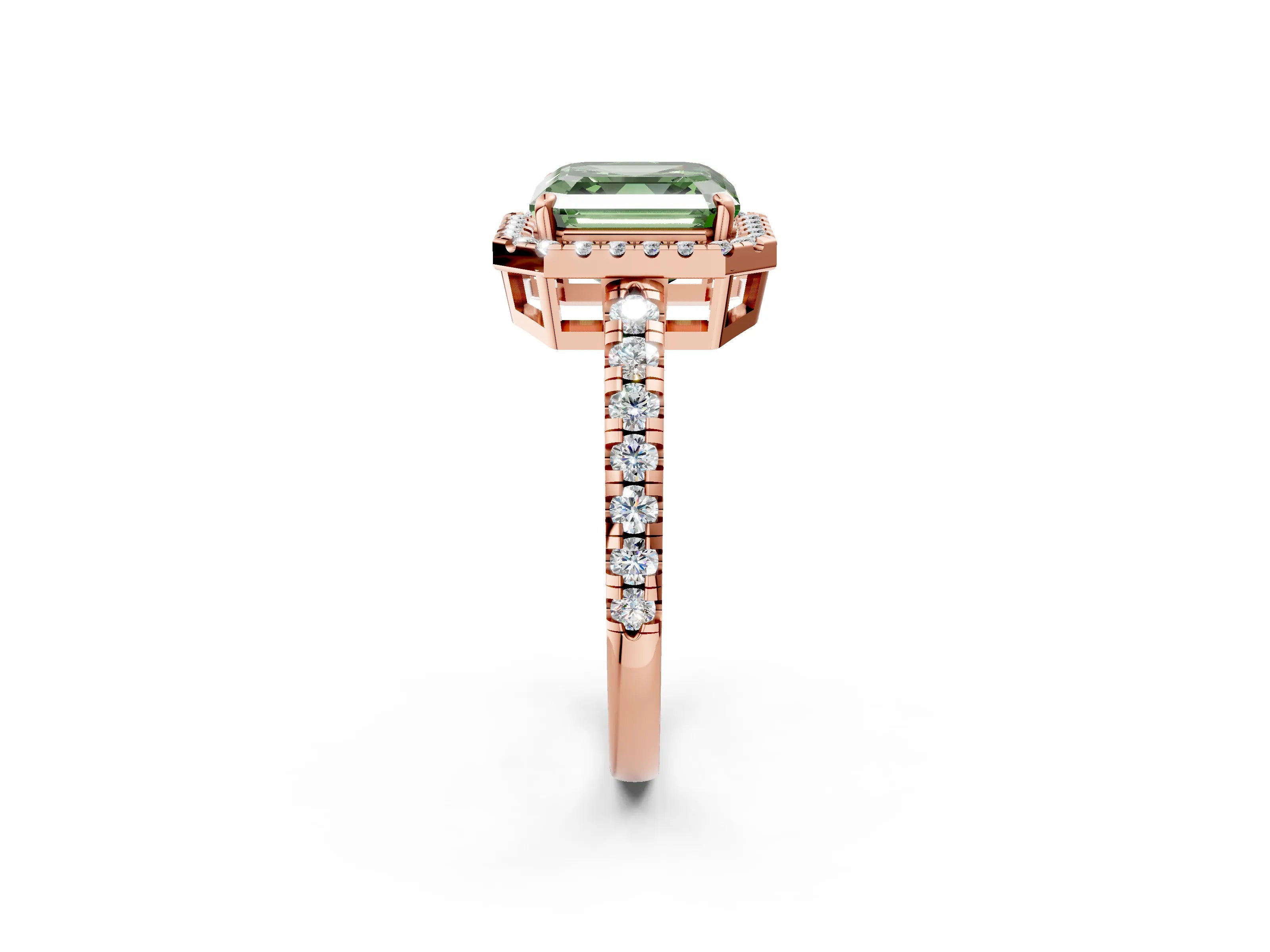Rose gold Fancy Green Asscher Cut Diamond Halo Ring with Pavé Band and Four-Prong Setting_2